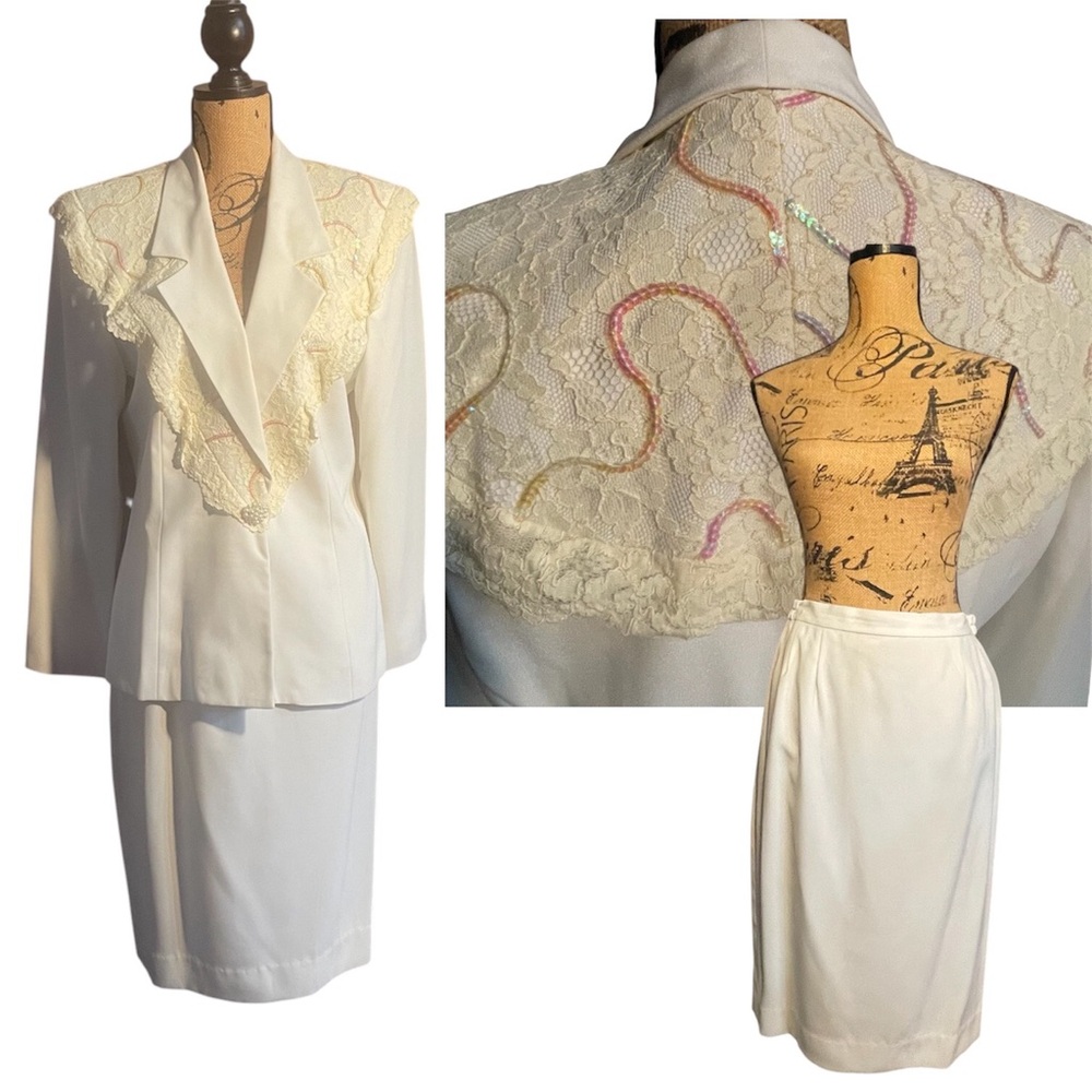VINTAGE 90’s off white 2 piece dressy suit with lace collar and sequined detail